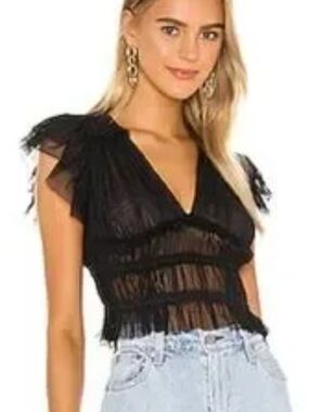 Free People Black Sheer Fringe V-Neck Crop Top
